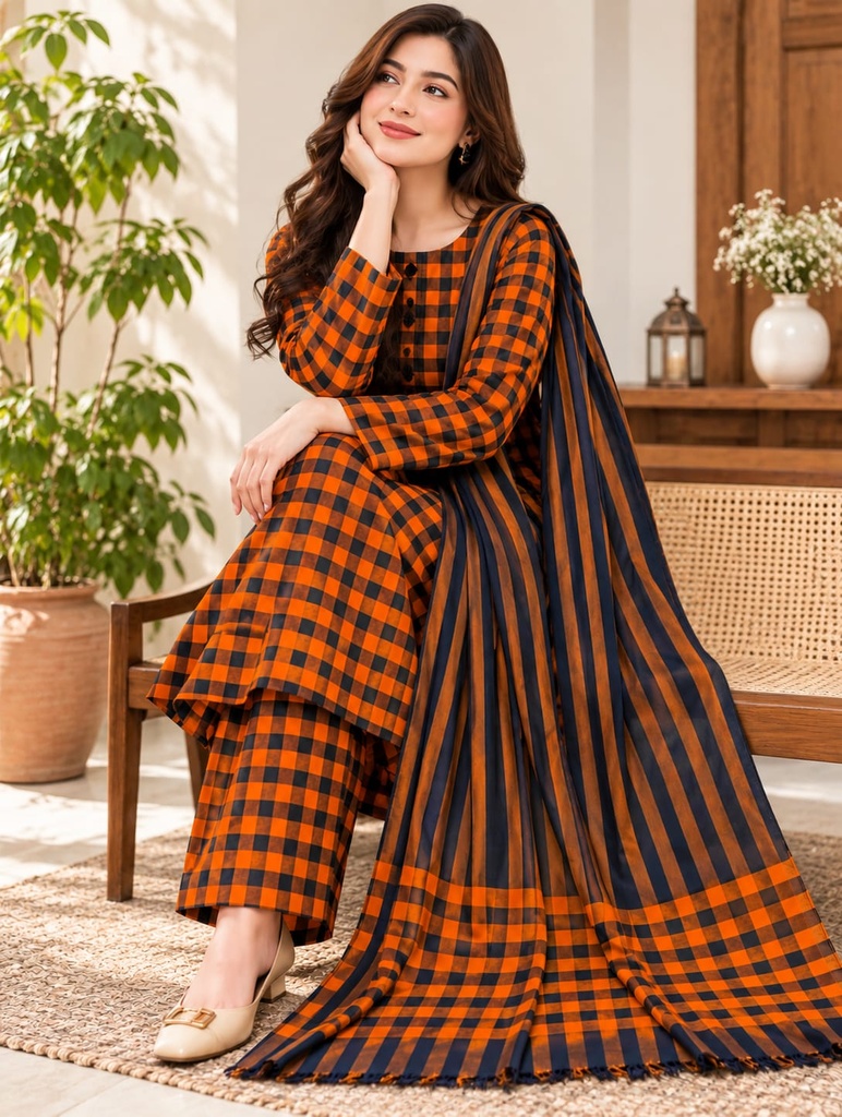 Multani Khaddi Marina Check Style 3-Piece Unstitched Winter Suit (Orange aur Black)