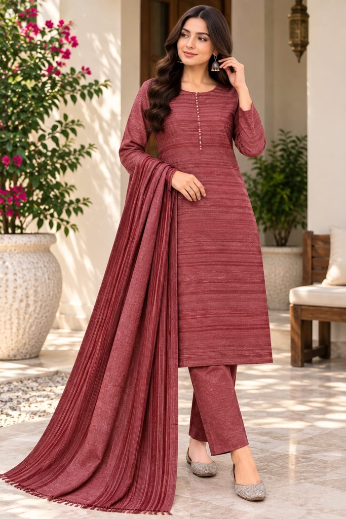Multani Khaddi Cotton Multi-Lining Check 3-Piece Unstitched Suit (Maroon)