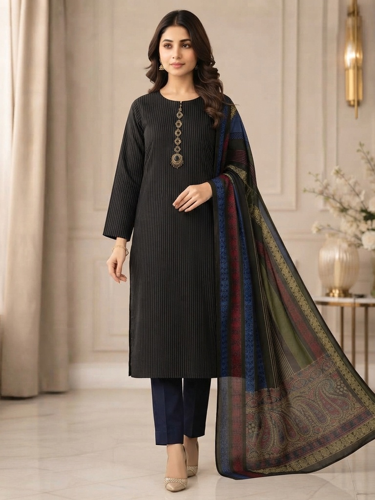 Khaddi Marina Volume 2026 – 3-Piece Unstitched Winter Suit (Black)