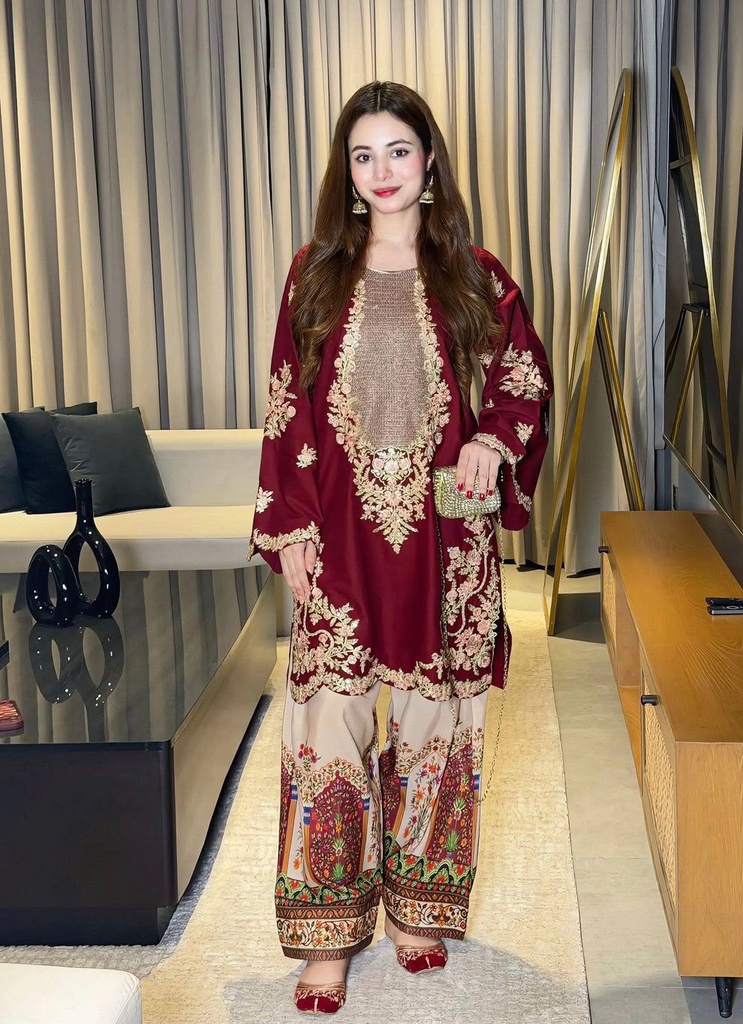 Premium Ethnic Wear 2-Piece Silk Unstitched Suit – Maroon Embroidered