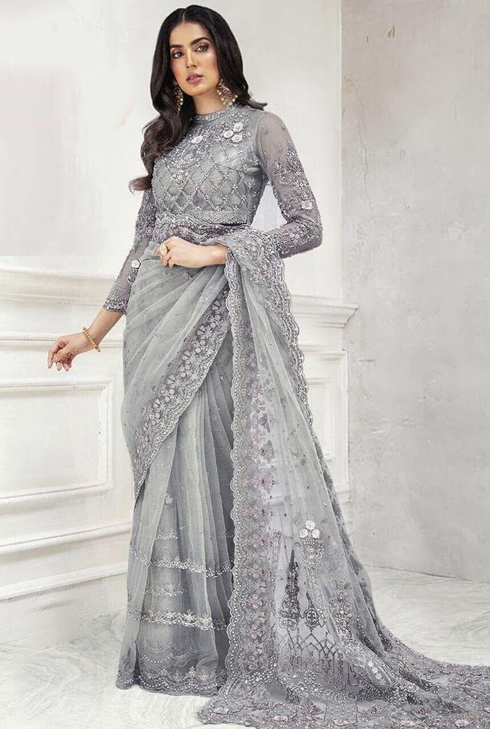 Maria B Saree New Arrival – Heavy Embroidered Sequin Unstitched Saree (Ice Grey)