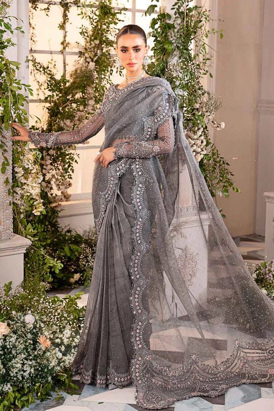 MARIA B Exclusive Heavy Embroidered Net Unstitched Saree – Adda Work & Cutwork
