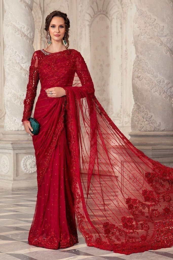 MARIA.B Exclusive Heavy Embroidered Net Unstitched Saree – Adda Work & Cutwork