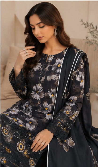 Digital Linen Embroidered 3-Piece Suit