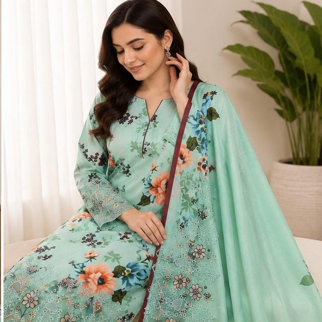 Digital Linen Embroidered 3-Piece Suit