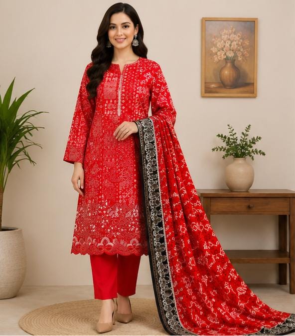 Digital Linen Embroidered 3-Piece Suit