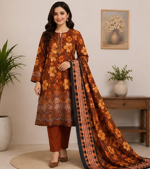 Digital Linen Embroidered 3-Piece Suit